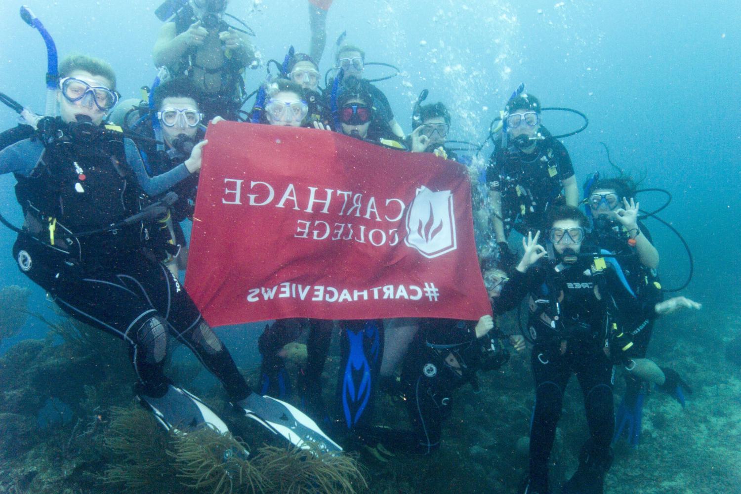 学生们手持<a href='http://bebz.ngskmc-eis.net'>bv伟德ios下载</a>旗帜，在j学期洪都拉斯游学之旅中潜水.